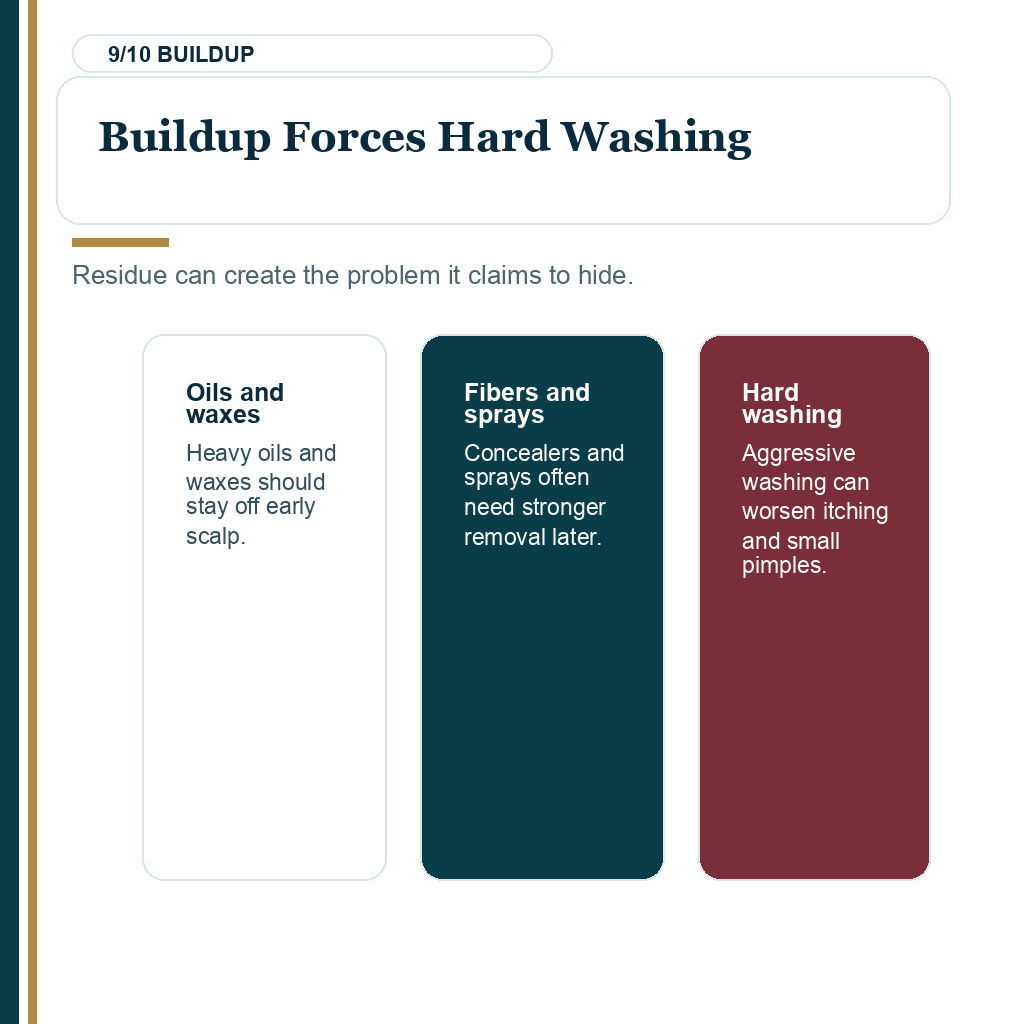 Harmful ingredients in hair products slide 9 explaining buildup forces hard washing.