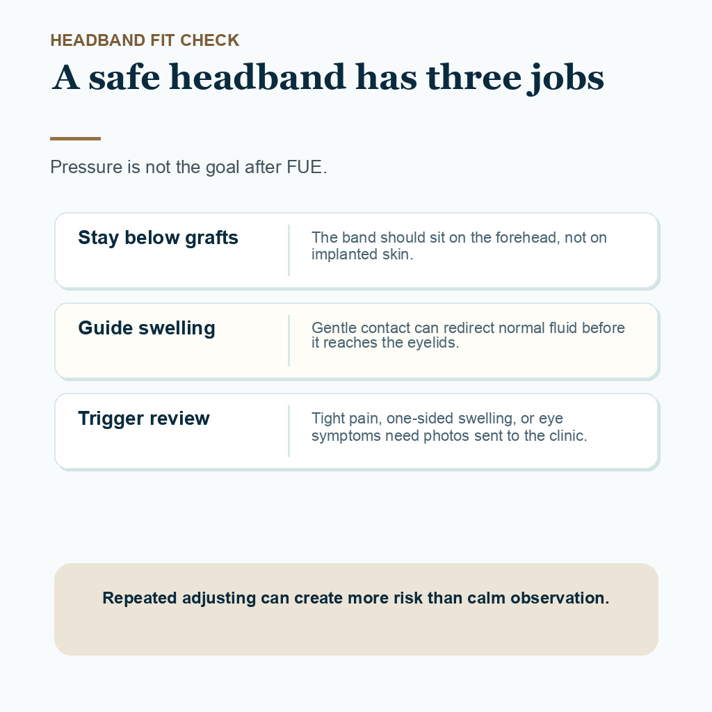 Information card explaining safe headband position swelling guidance and review triggers after FUE