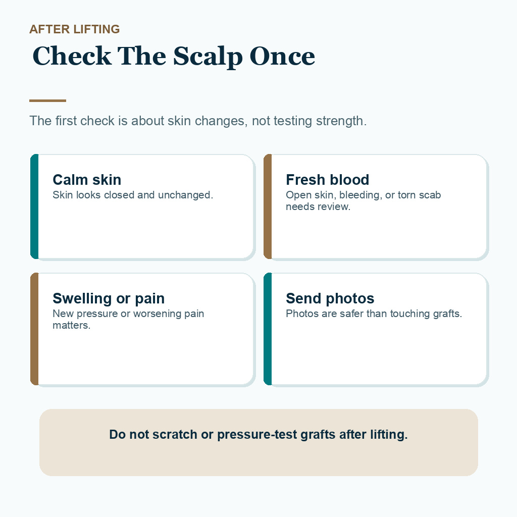 Support card explaining what to check after heavy lifting during hair transplant recovery.