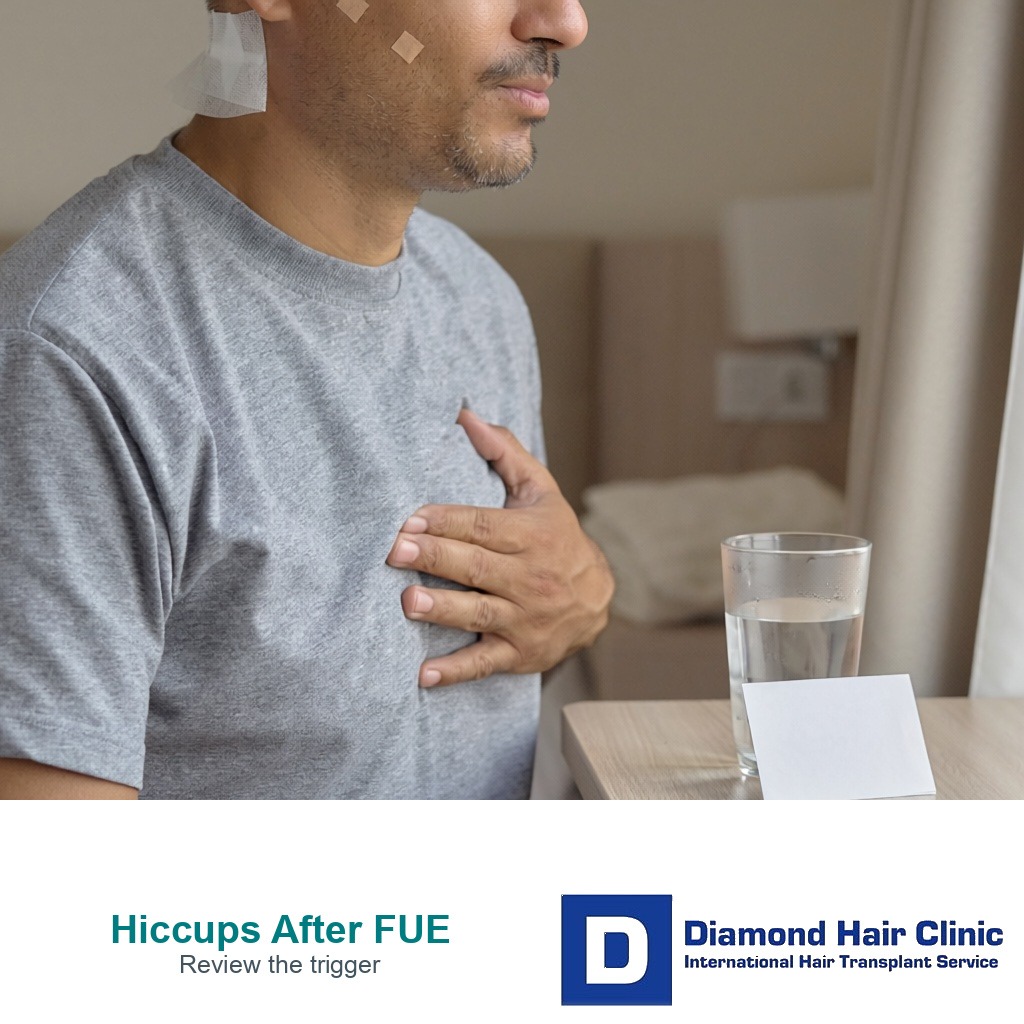 Patient crop with hiccup gesture and medicine timing card after FUE