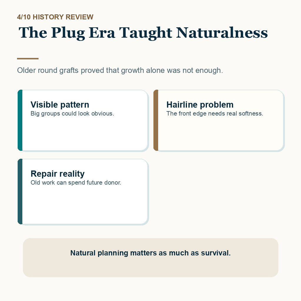 Hair transplant history carousel slide 4 about plug grafts and natural hairlines