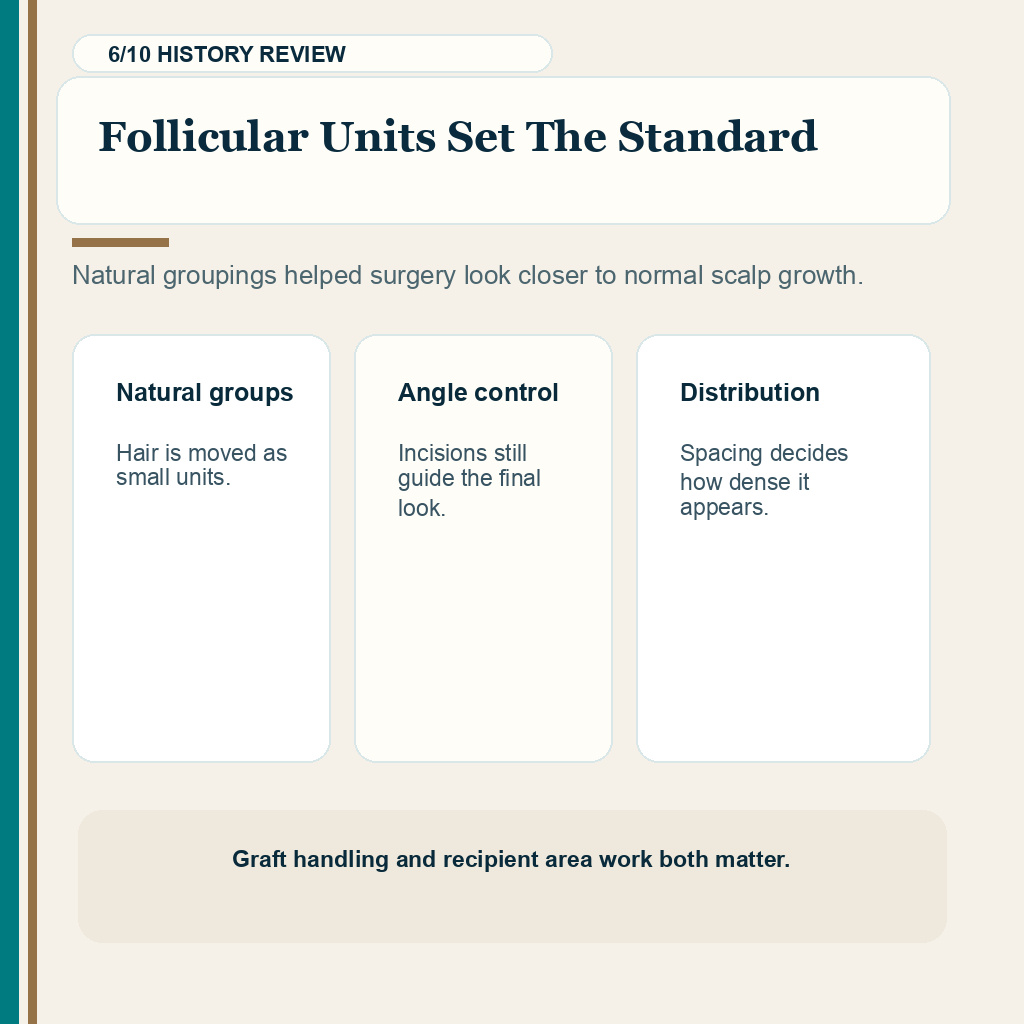 Hair transplant history carousel slide 6 about follicular units becoming the modern standard