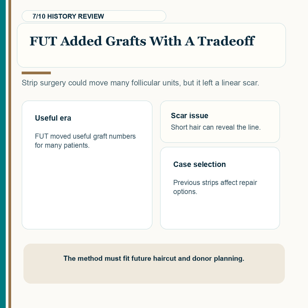 Hair transplant history carousel slide 7 about FUT strip surgery and linear scar tradeoffs
