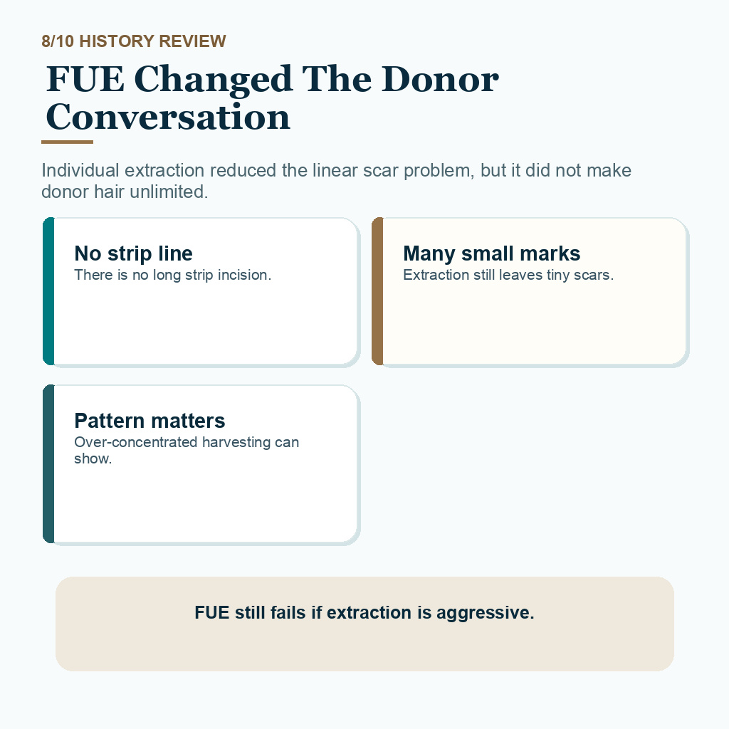 Hair transplant history carousel slide 8 about FUE and donor management