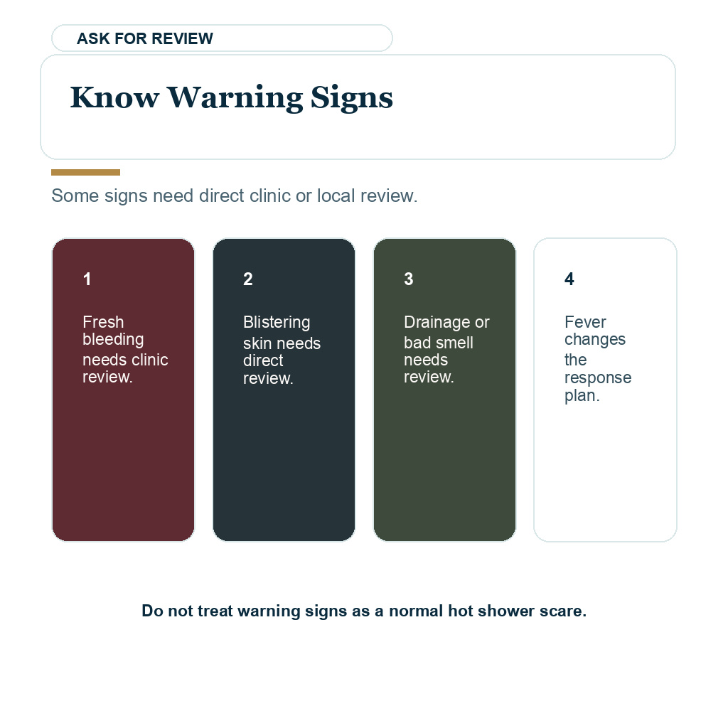 Know warning signs after a hot shower during graft healing.