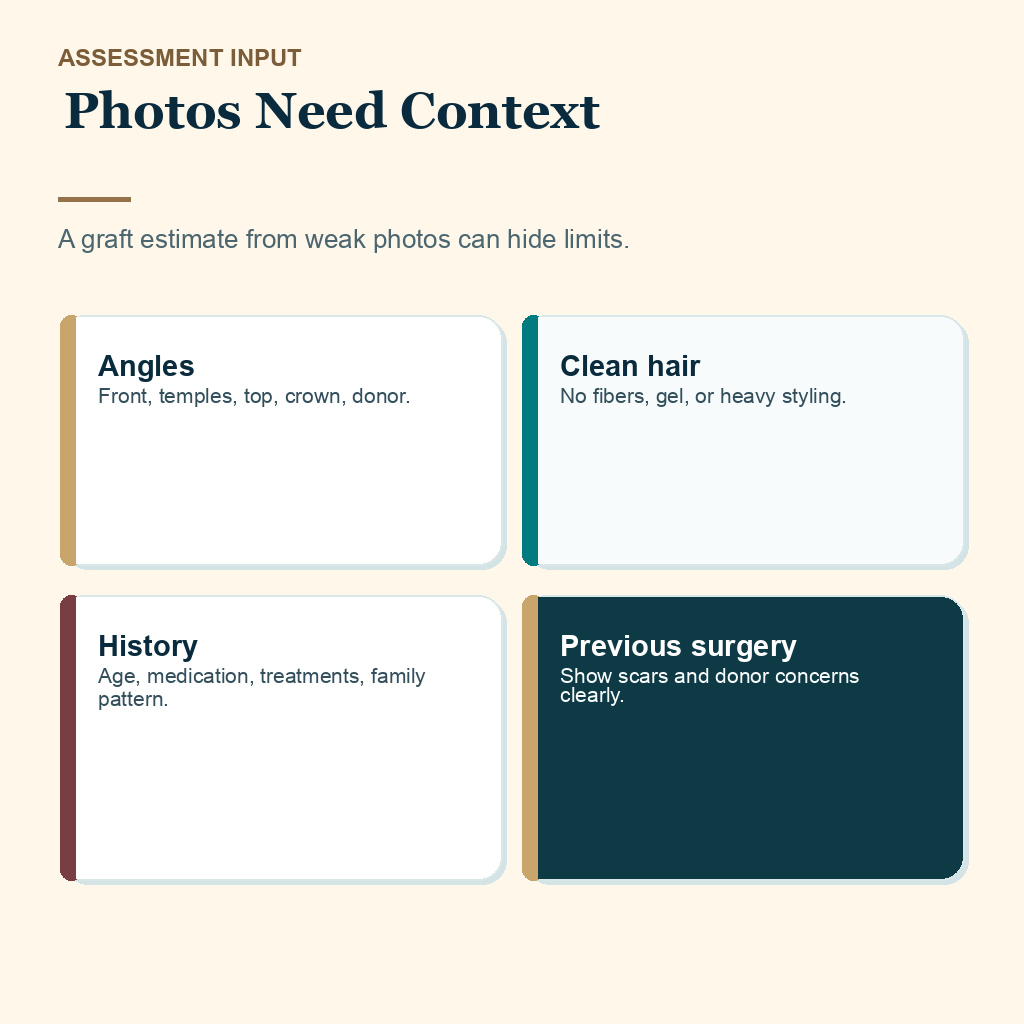 Turkey hair transplant travel slide 2 explaining photo angles and medical context before assessment