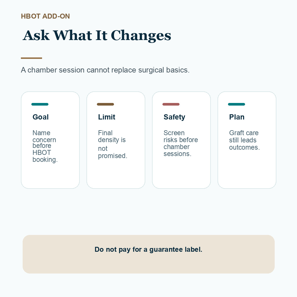Diamond Hair Clinic support card explaining hyperbaric oxygen as optional support rather than a graft guarantee