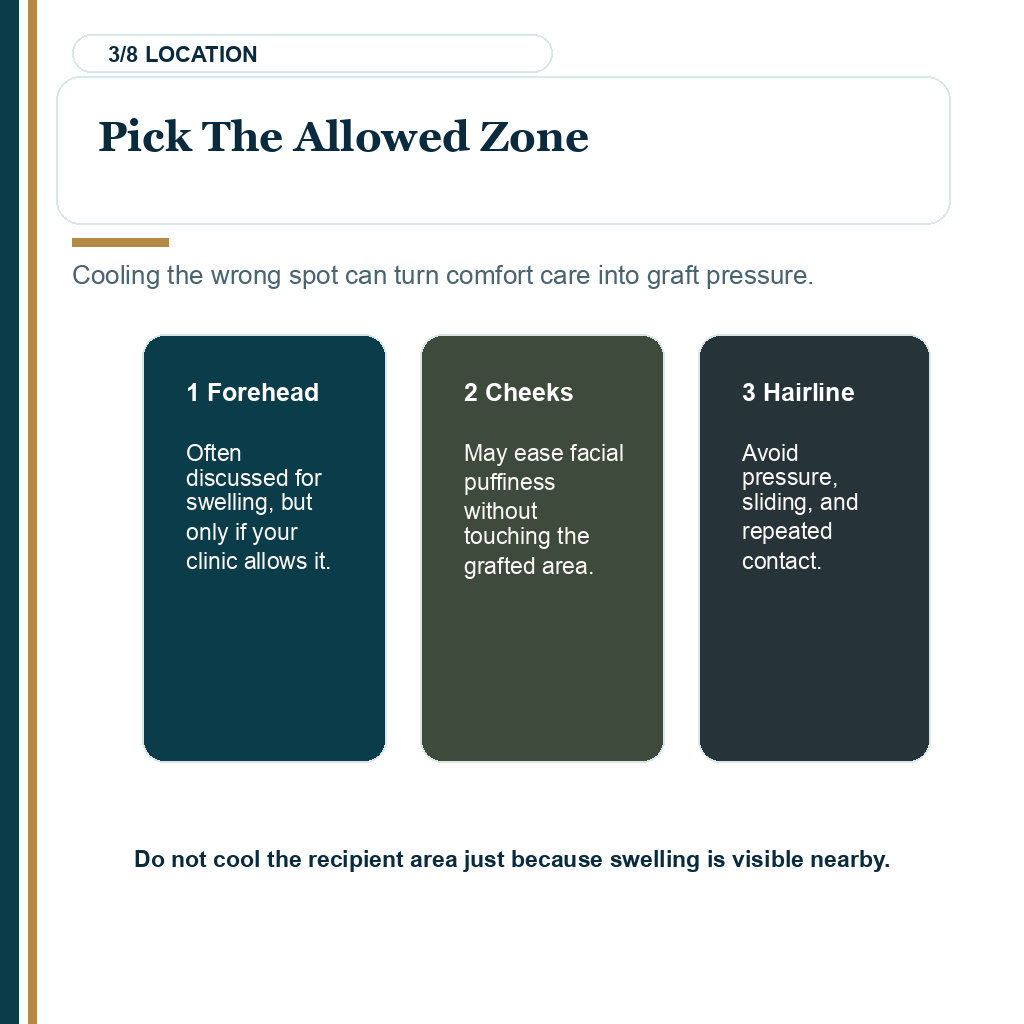 Safe cold compress zones after hair transplant without hairline pressure