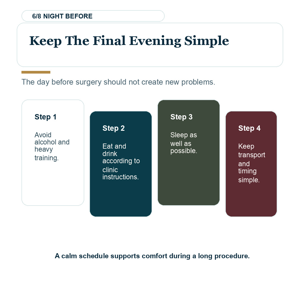 Before hair transplant instructions carousel slide 6 of 8 explaining keep the final evening simple