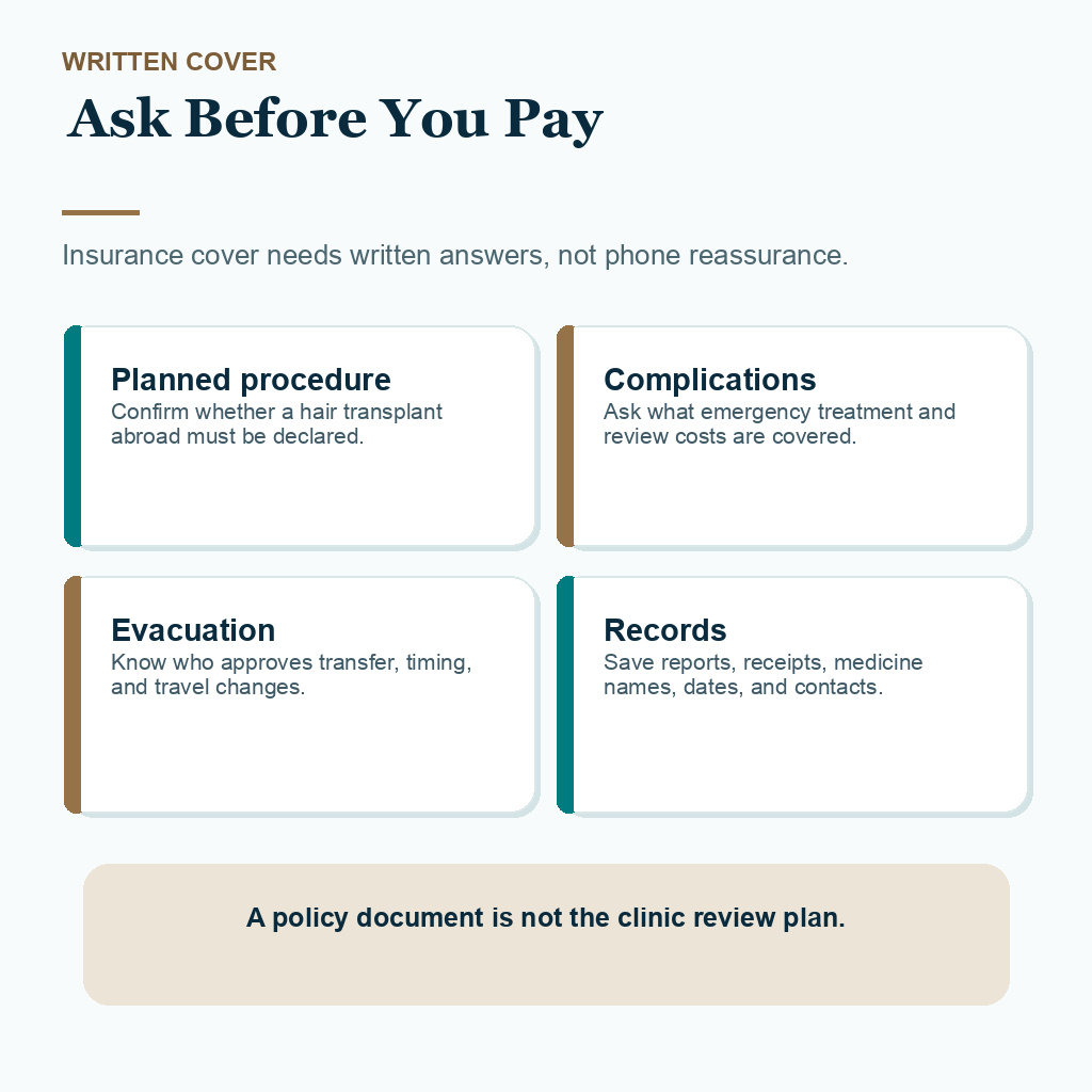 Information card explaining which written insurance questions to ask before paying for hair transplant travel