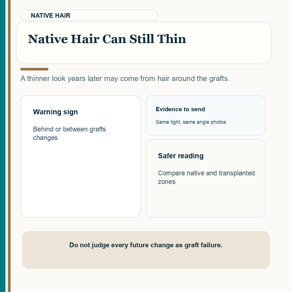 Native hair can still thin in donor hair permanence planning.