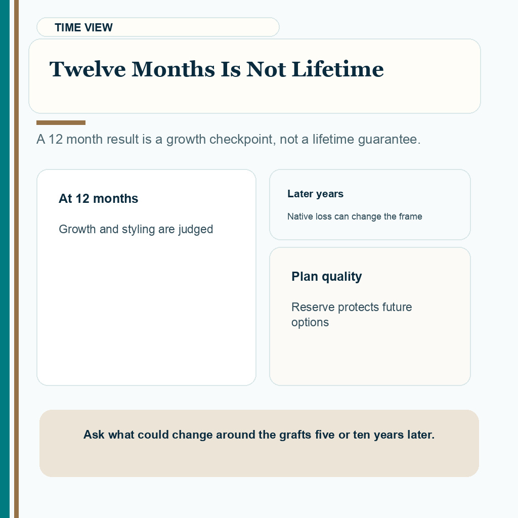 Twelve months is not lifetime in donor hair permanence planning.