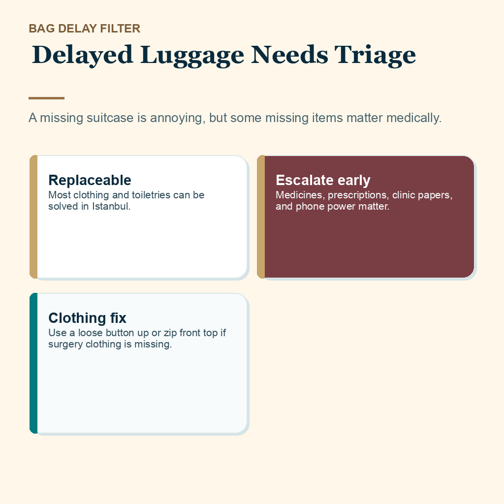 Istanbul arrival checklist slide 3 explaining delayed luggage needs triage
