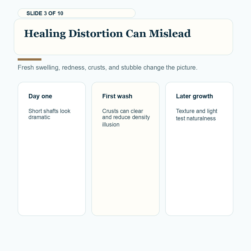Day one hair transplant photo review carousel slide 3 about healing distortion can mislead.