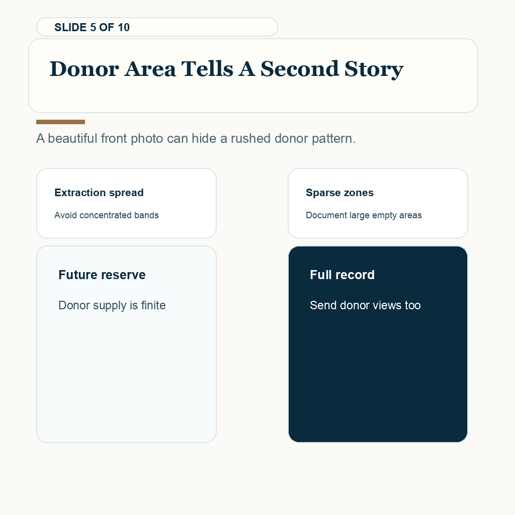 Day one hair transplant photo review carousel slide 5 about donor area tells a second story.