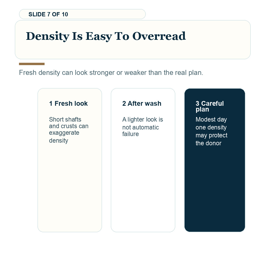 Day one hair transplant photo review carousel slide 7 about density is easy to overread.