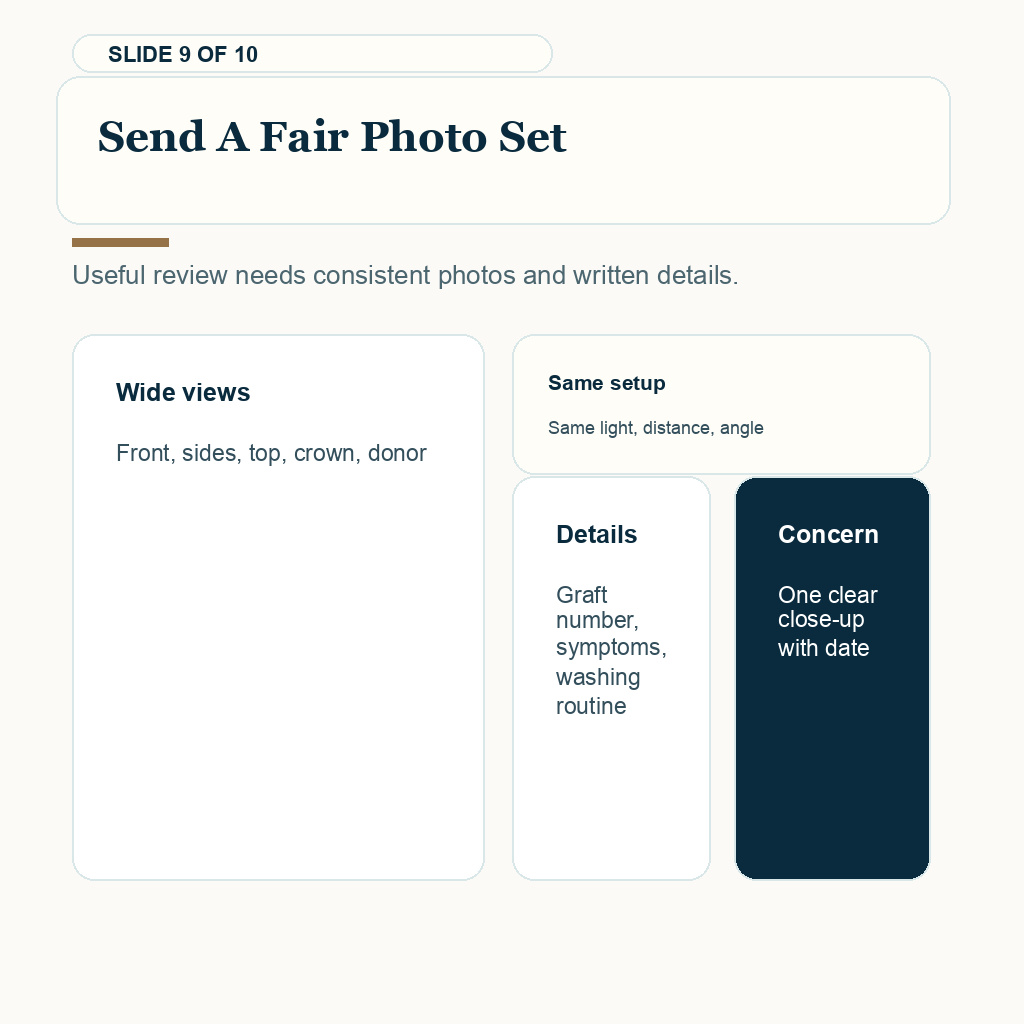 Day one hair transplant photo review carousel slide 9 about send a fair photo set.