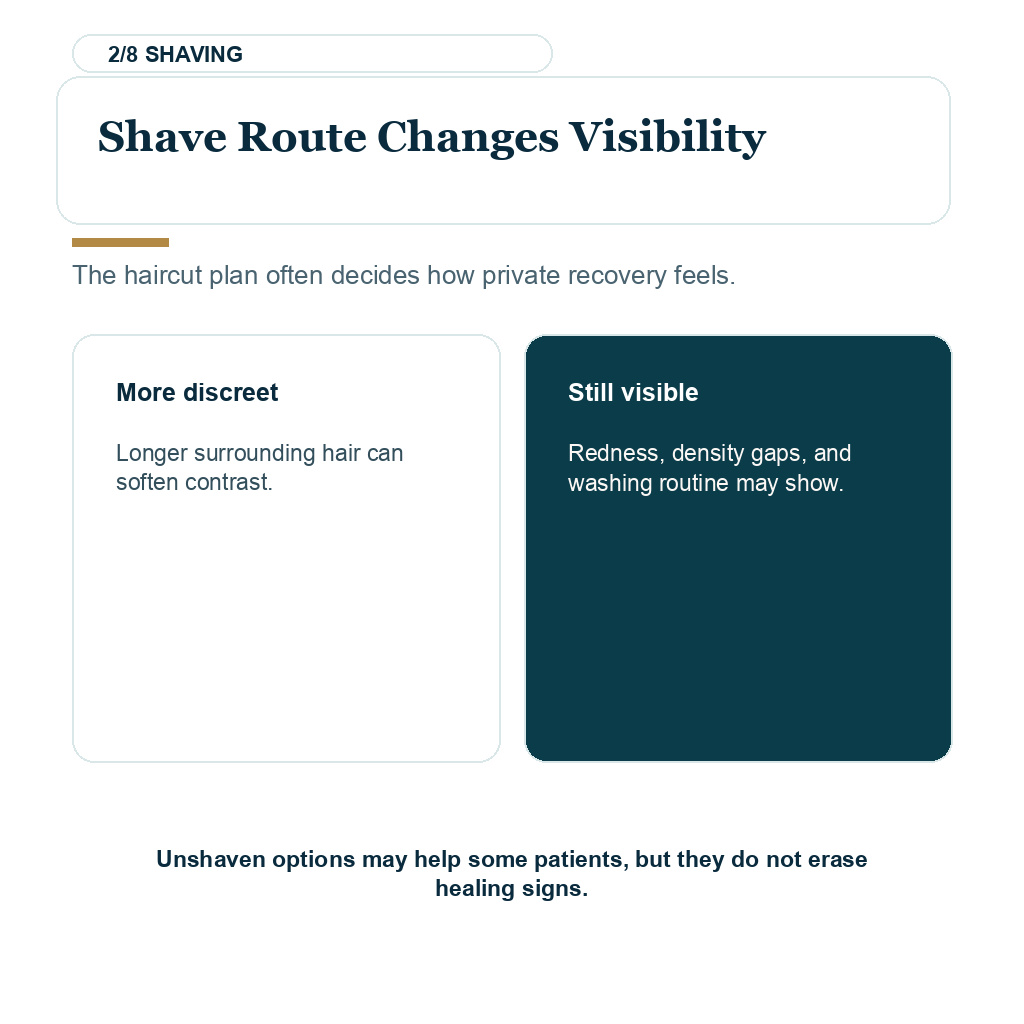 Shave route choices change hair transplant privacy
