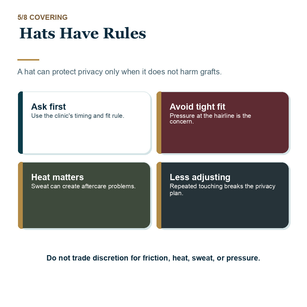 Hat timing rules for discreet hair transplant recovery
