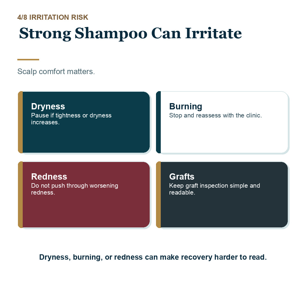 Carousel slide about strong shampoo can irritate when considering ketoconazole shampoo after a hair transplant.