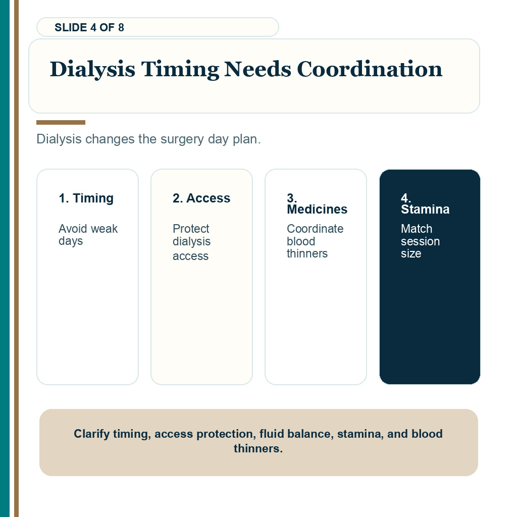 Kidney disease hair transplant carousel slide 4 about dialysis timing needs coordination.