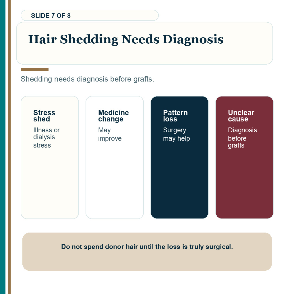 Kidney disease hair transplant carousel slide 7 about hair shedding needs diagnosis.