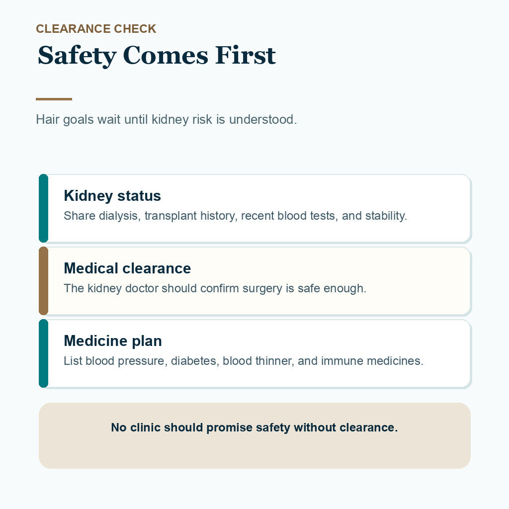 Diamond Hair Clinic support card showing kidney disease clearance checks before hair transplant surgery