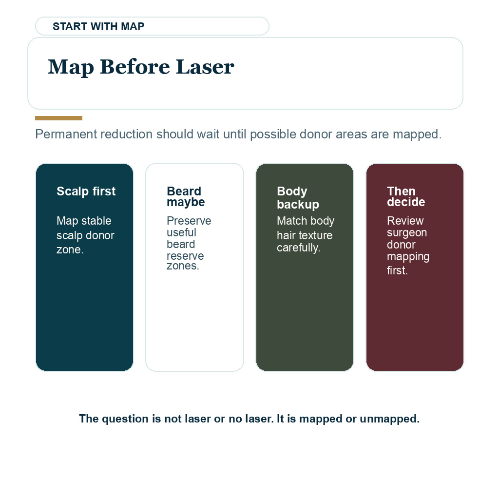 Donor planning map before laser hair removal, with scalp donor reserve kept as the first priority