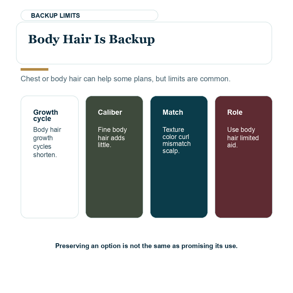 Body hair is only a backup donor source when scalp and beard options are not enough