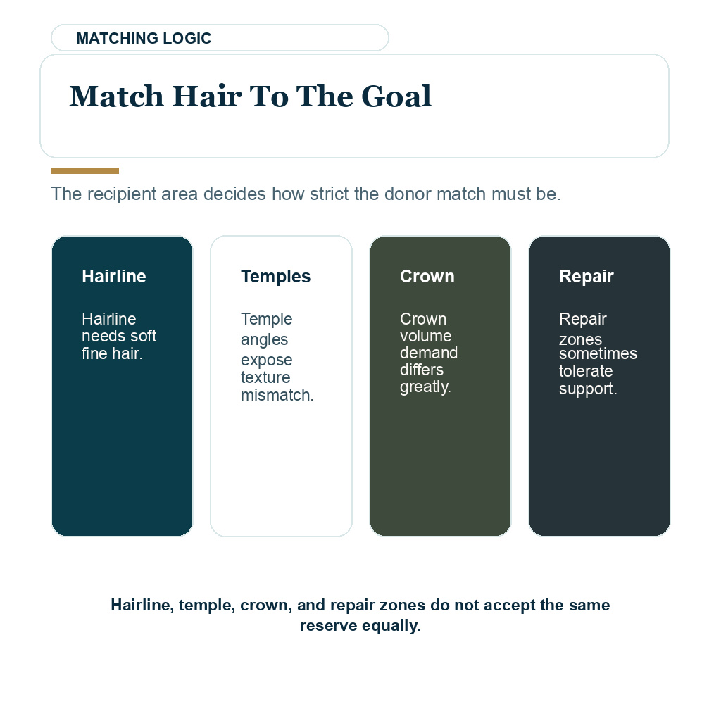 Hair characteristics need to match the surgical goal before using donor hair outside the scalp.