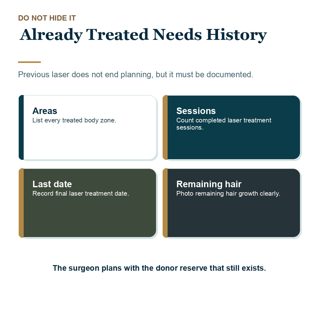 Previous laser treatment history should be reviewed before choosing a donor strategy