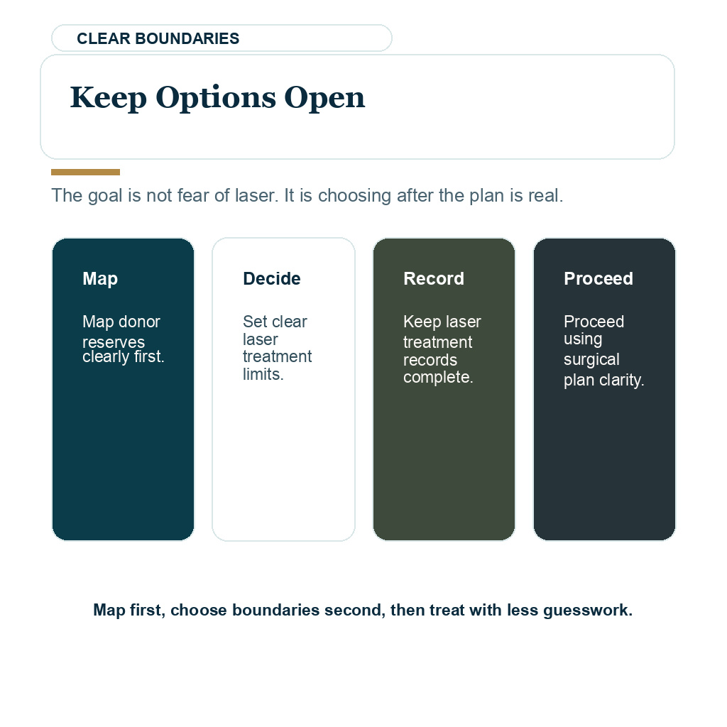 Keeping donor options open before laser hair removal and hair transplant planning