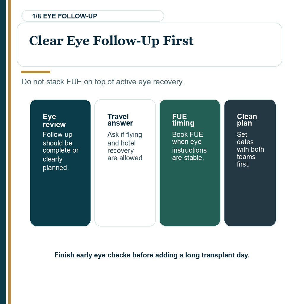 LASIK and hair transplant timing guidance with clear eye follow-up first.