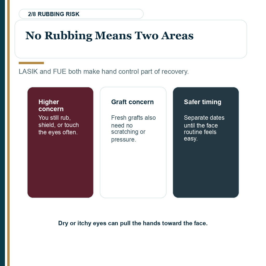 LASIK and hair transplant timing guidance with rubbing restrictions for both healing areas.