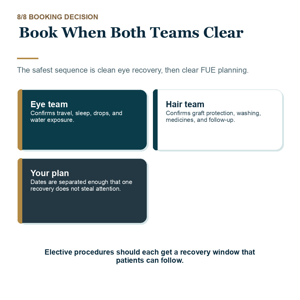 LASIK and hair transplant timing guidance with booking after both teams clear the timing.