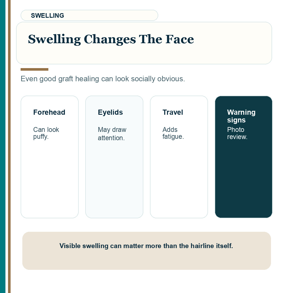 Look normal after hair transplant slide explaining swelling changes the face