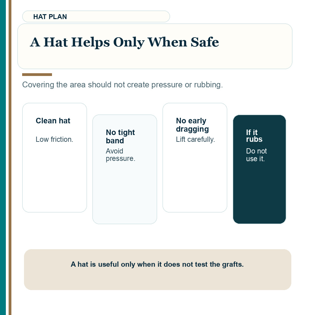 Look normal after hair transplant slide explaining a hat helps only when safe