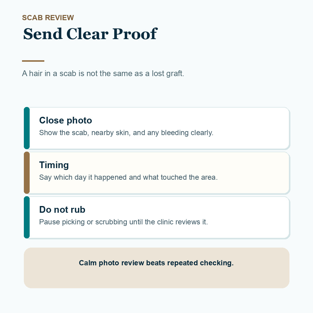 Diamond Hair Clinic support card showing what to send when a scab with hair looks worrying after hair transplant