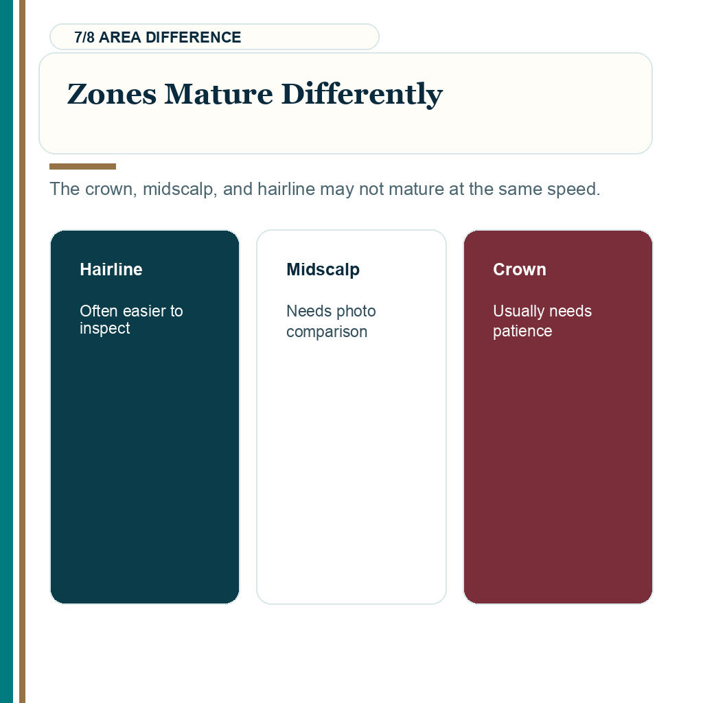 Low density month four growth carousel slide 7 of 8 about different scalp zones maturing at different speeds.
