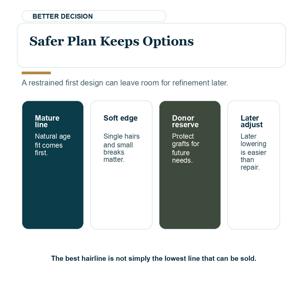Low flat hairline carousel slide 8 of 8 explaining safer plan keeps options