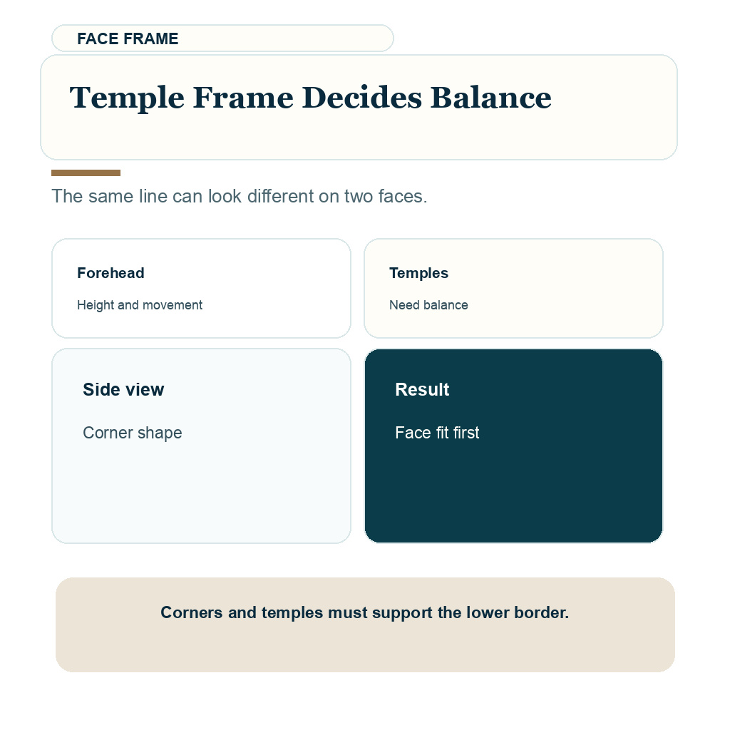 Low straight hairline planning carousel slide 6 about temple frame decides balance.