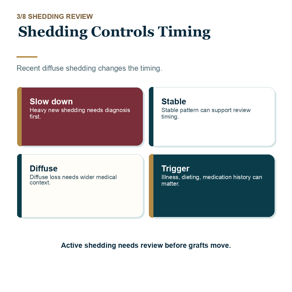 Low vitamin D hair transplant planning slide 3 showing Shedding Controls Timing