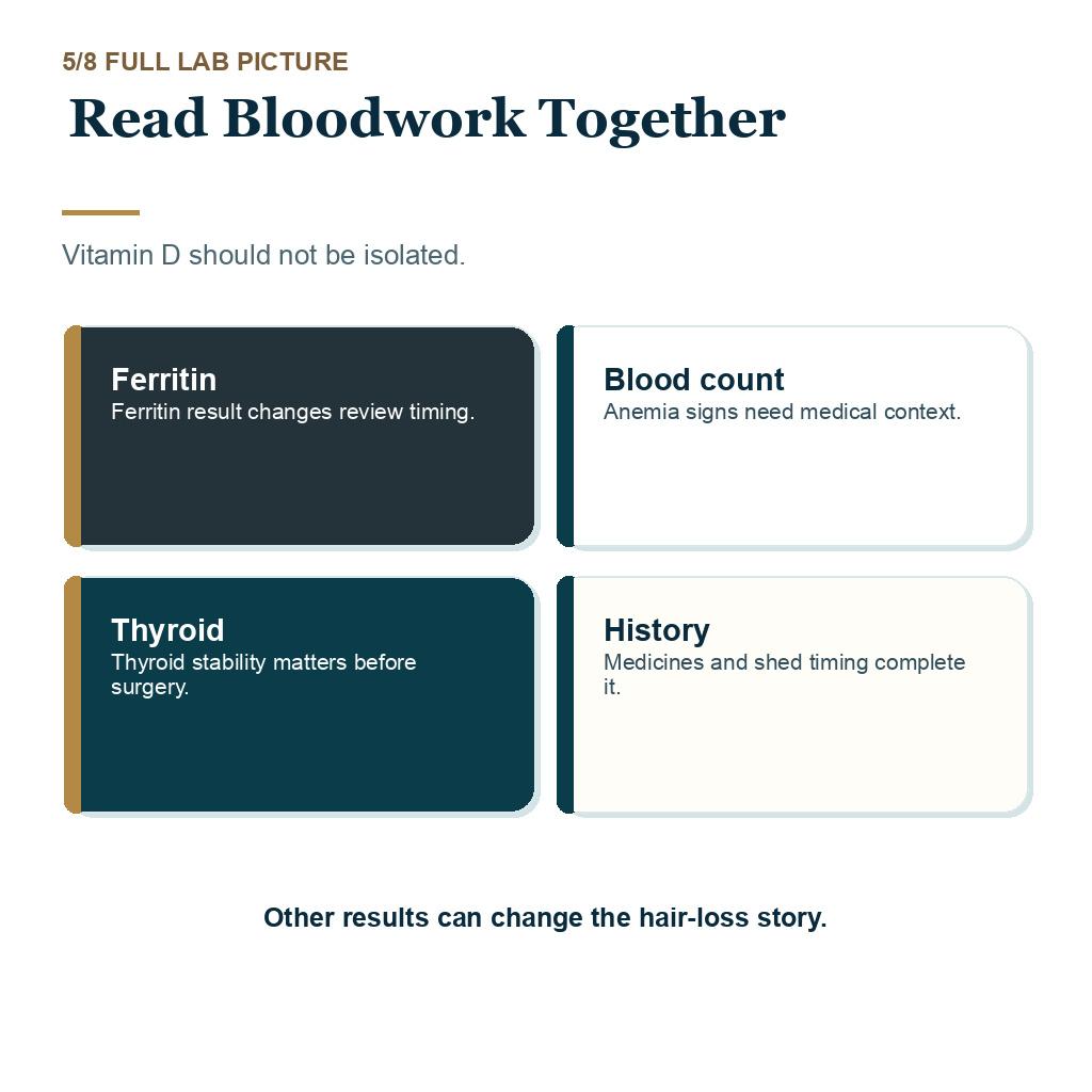 Low vitamin D hair transplant planning slide 5 showing Read Bloodwork Together