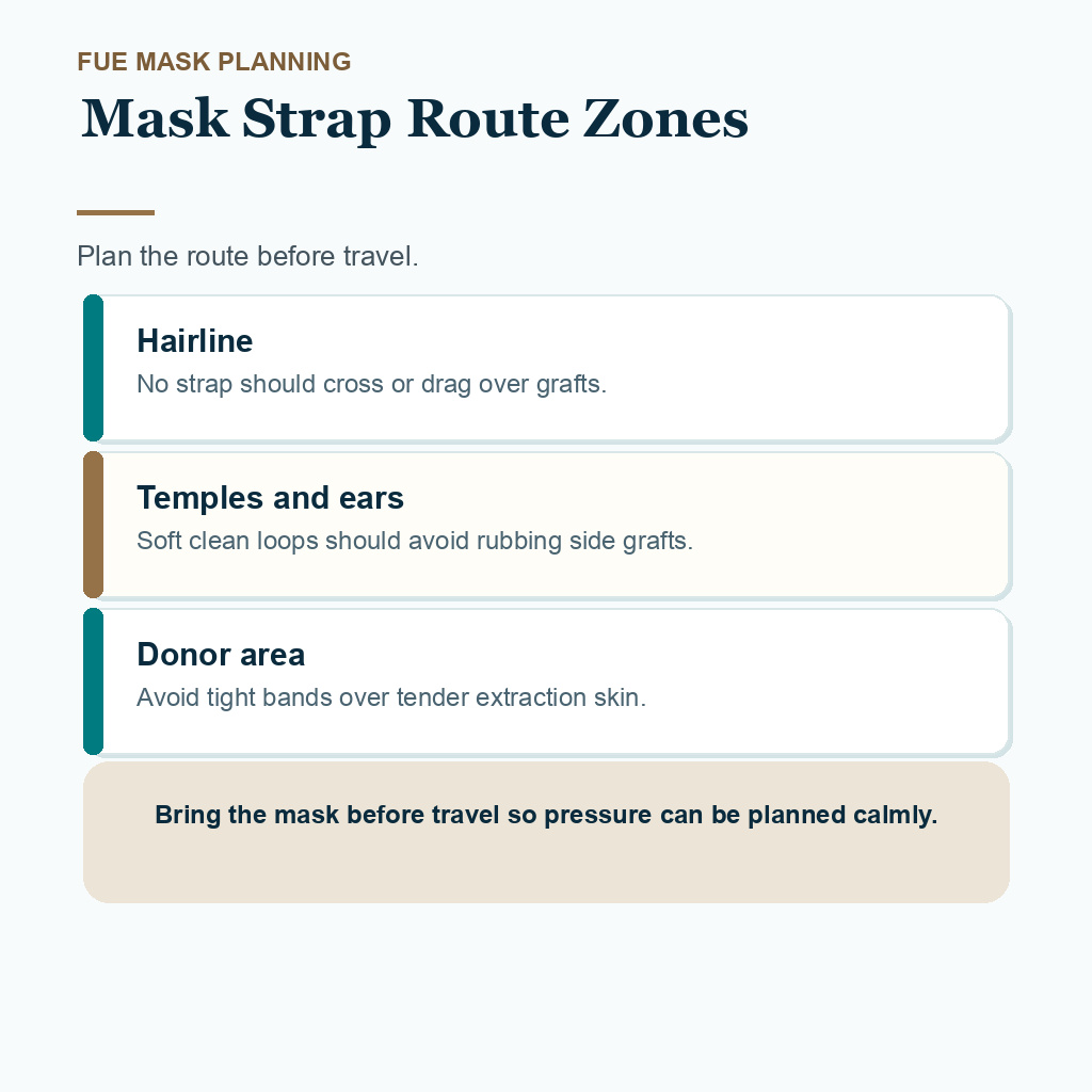 Mask strap route zones after FUE hair transplant