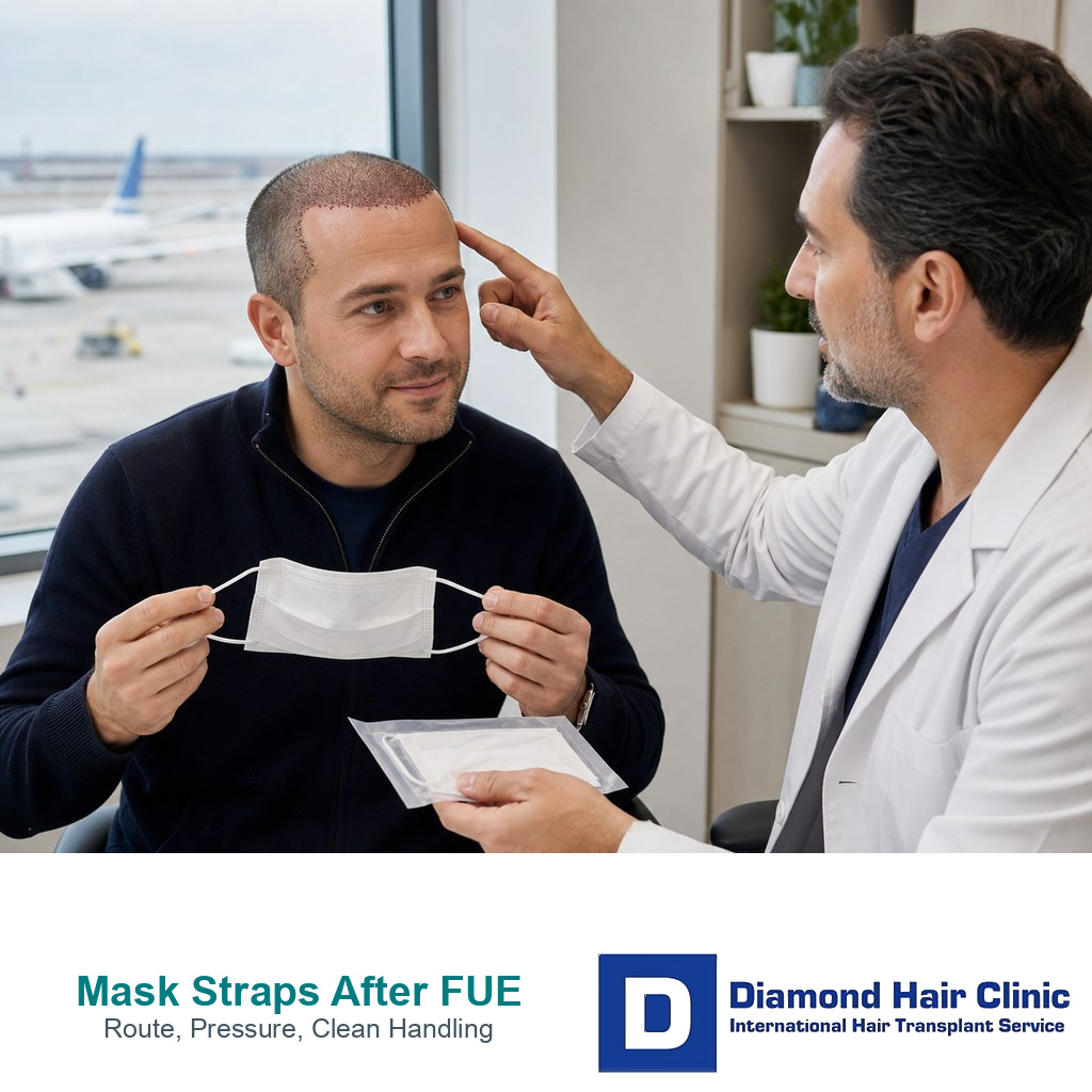 Post FUE patient reviewing a clean face mask strap route with a clinician