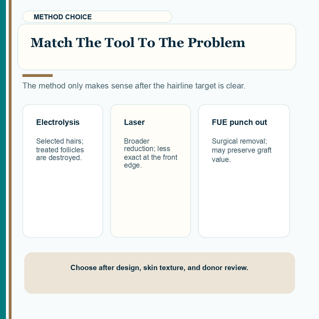 Information card comparing electrolysis, laser, and FUE punch out choices for bad hairline graft removal