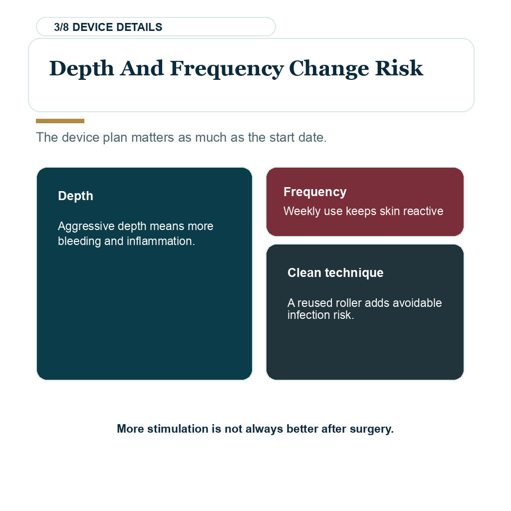 Carousel slide about depth and frequency change risk when planning microneedling after a hair transplant.
