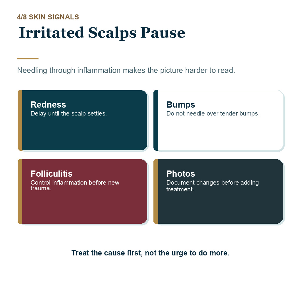 Carousel slide about irritated scalps pause when planning microneedling after a hair transplant.