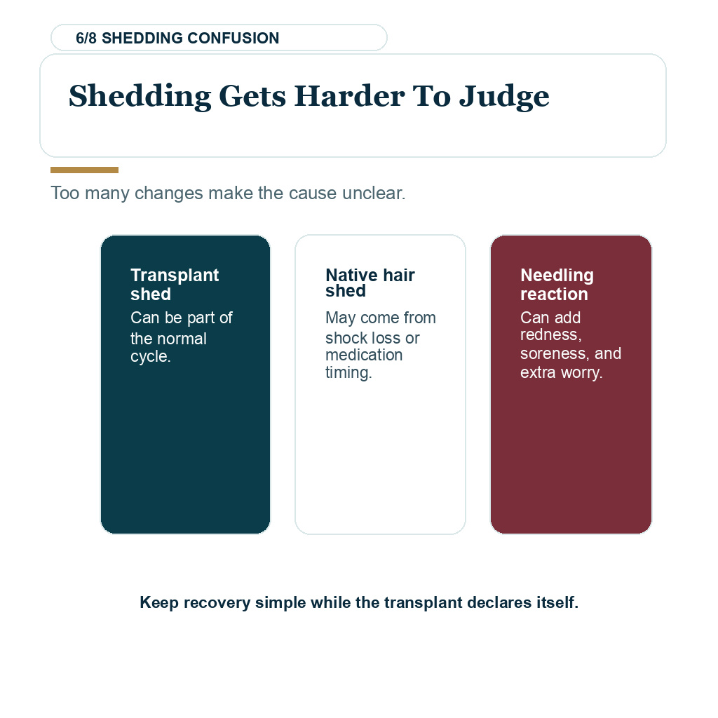 Carousel slide about shedding gets harder to judge when planning microneedling after a hair transplant.