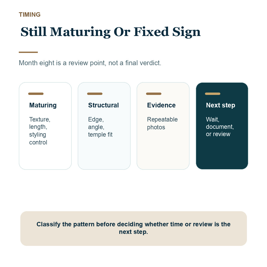 Month eight hairline review slide 1 about still maturing or fixed sign.